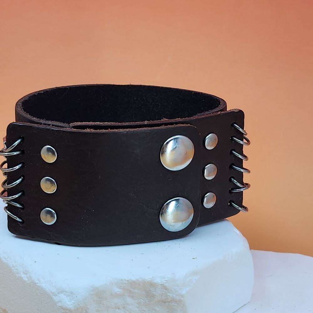 Brown Leather Wide Cuff Bracelet Silver Tone Studded Multi Strap Gothic Biker